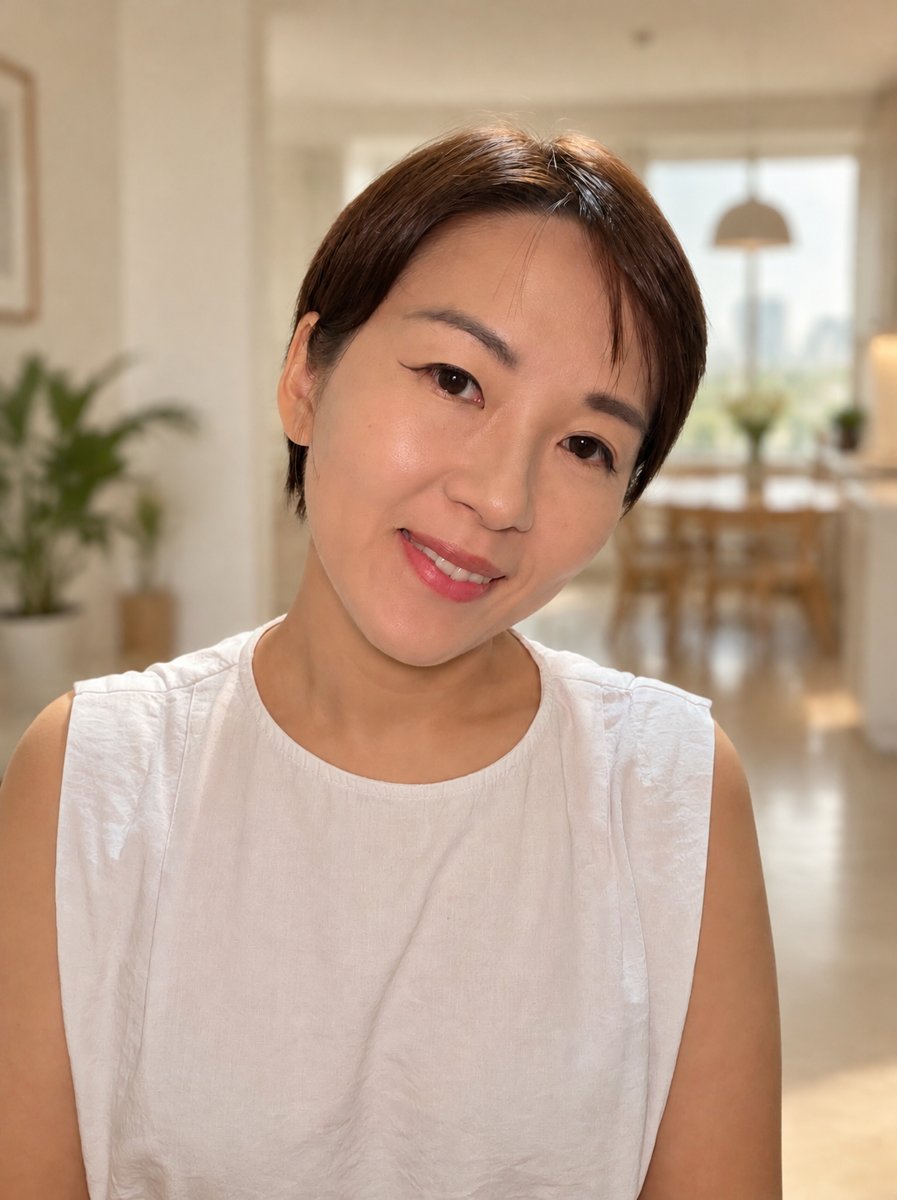 Cynthia, smiling, in a white top at home